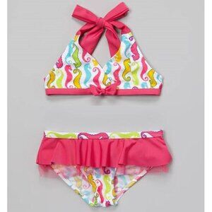 Girls Swim Suit Bikini, Pink Sea Horse Print with Ruffles, 4T